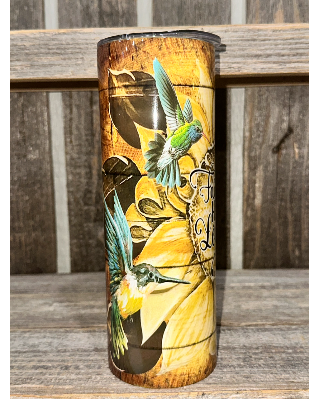 Faith Hope Love - Sunflower with Cross and Humming Birds