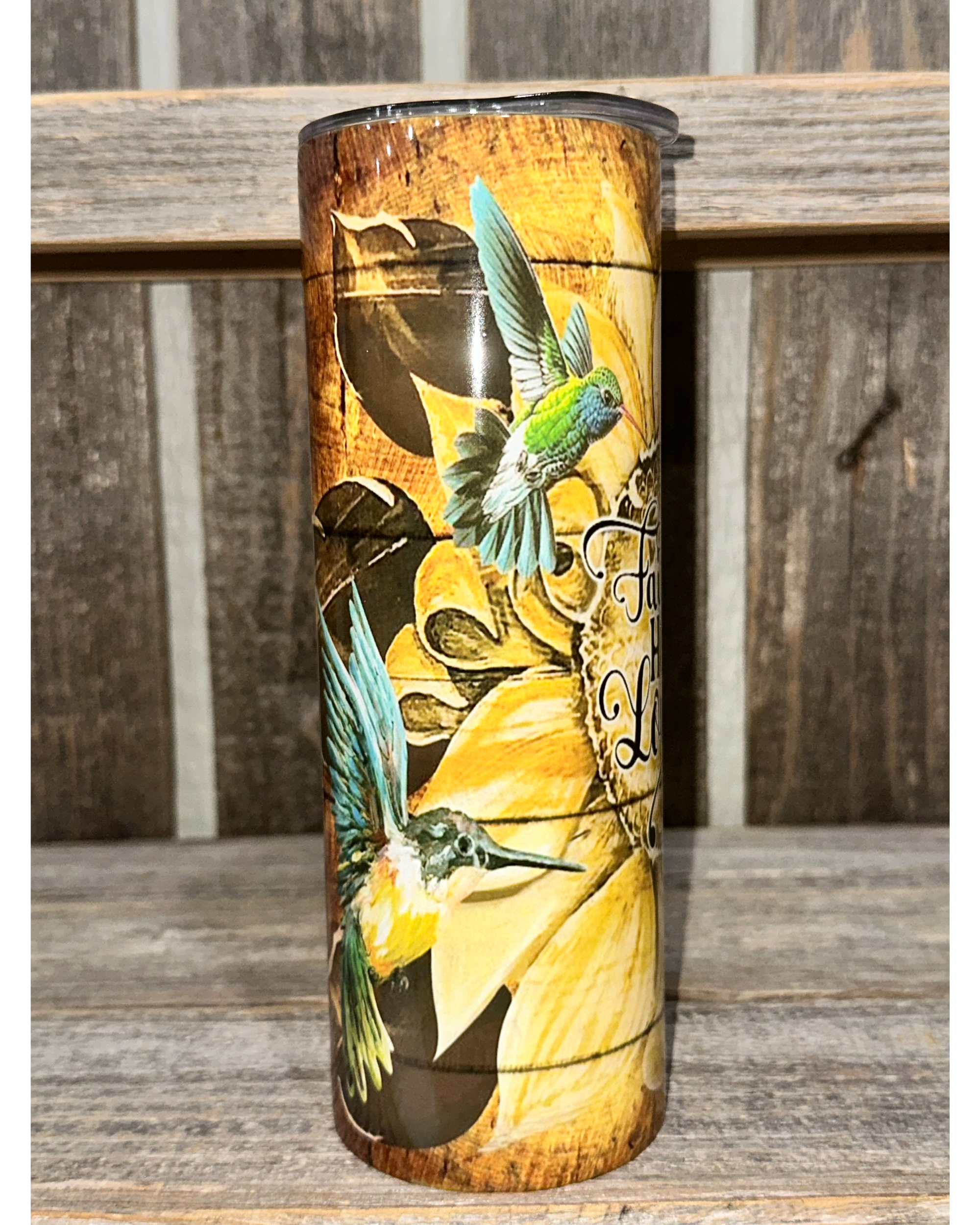Faith Hope Love - Sunflower with Cross and Humming Birds