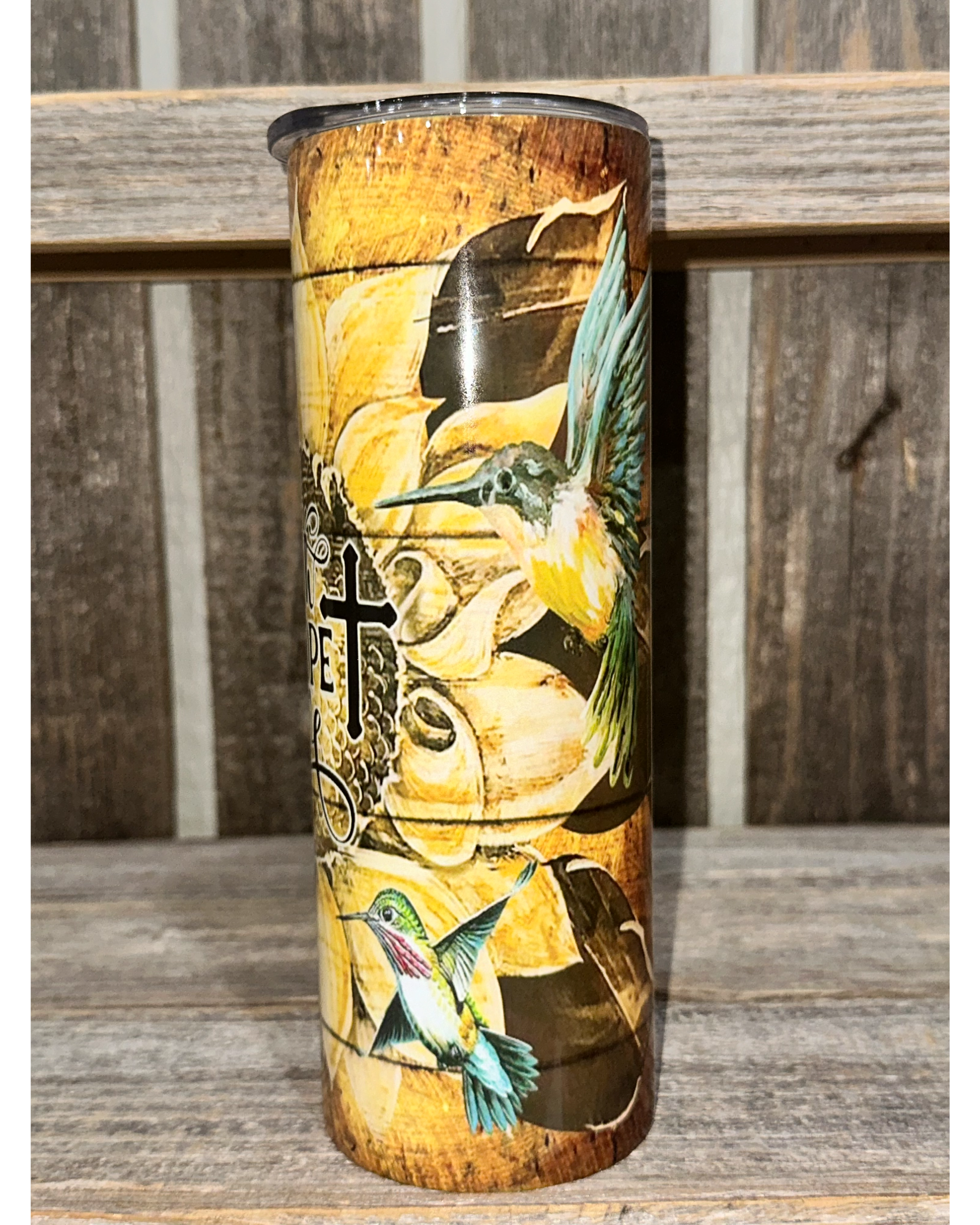 Faith Hope Love - Sunflower with Cross and Humming Birds