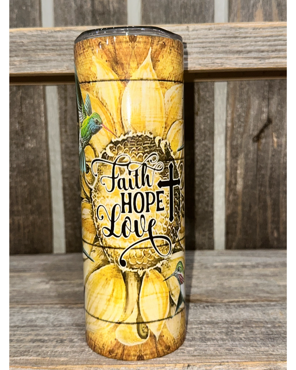 Faith Hope Love - Sunflower with Cross and Humming Birds