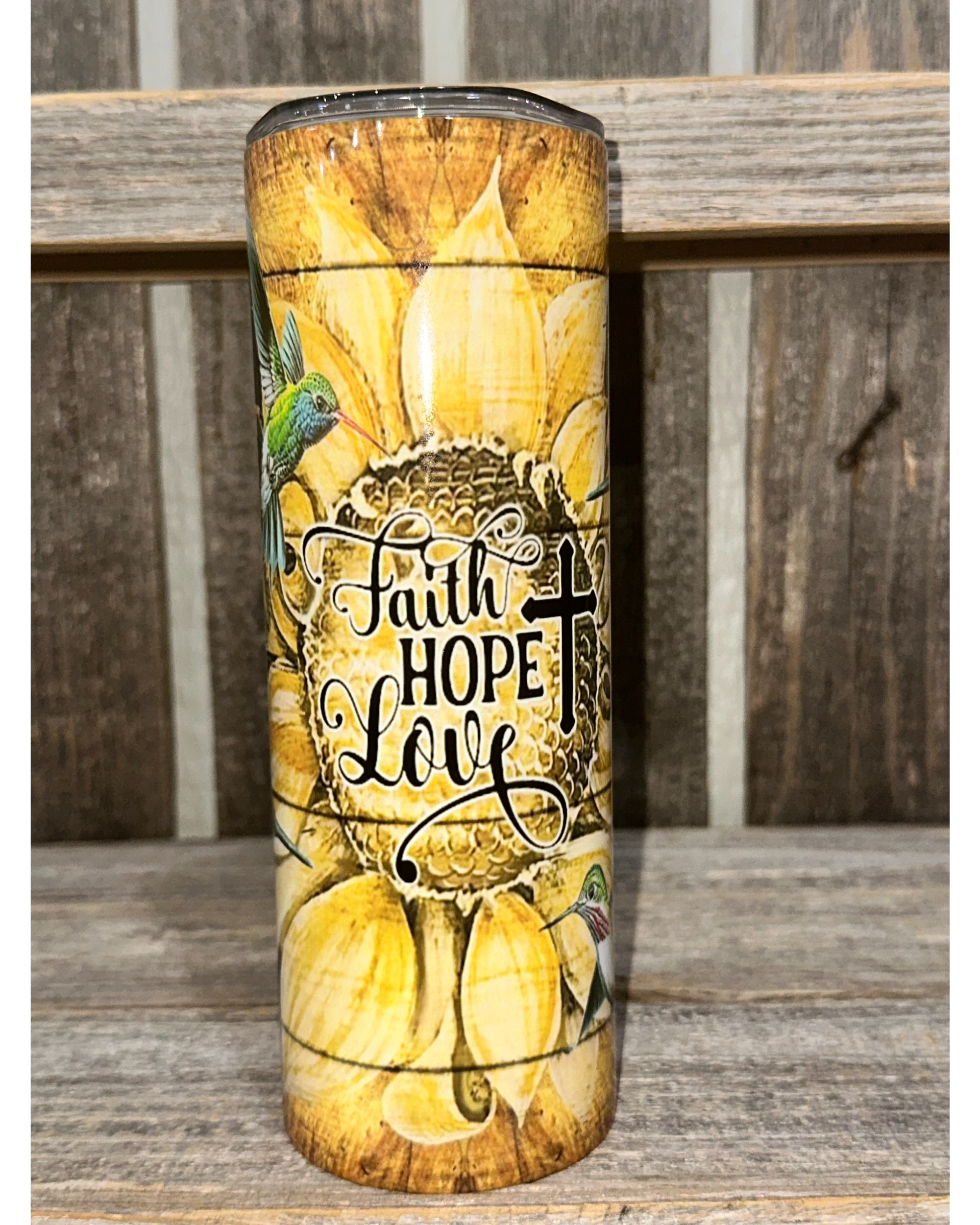 Faith Hope Love - Sunflower with Cross and Humming Birds