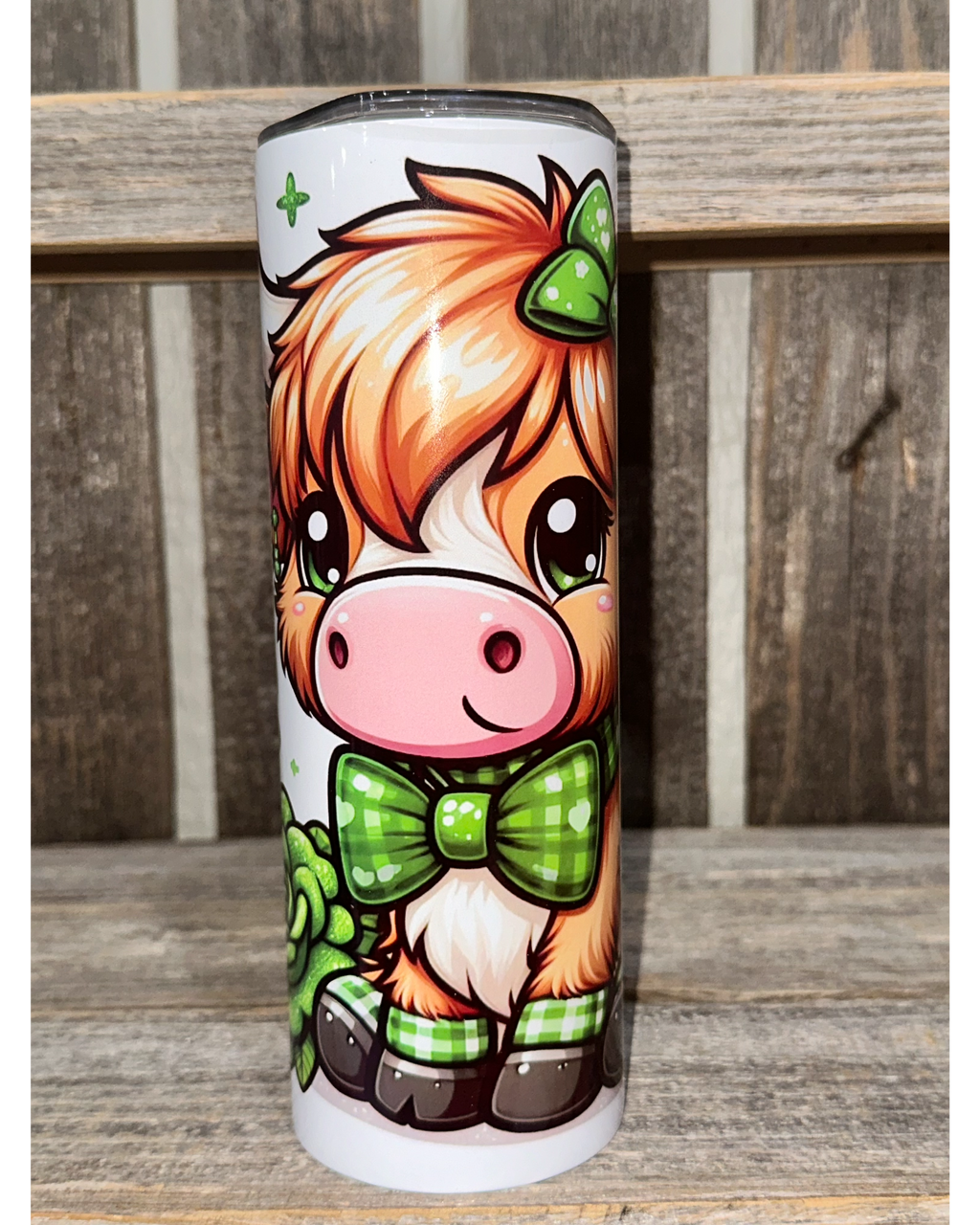 Cute Highland Cow - Green Plaid Shamrocks