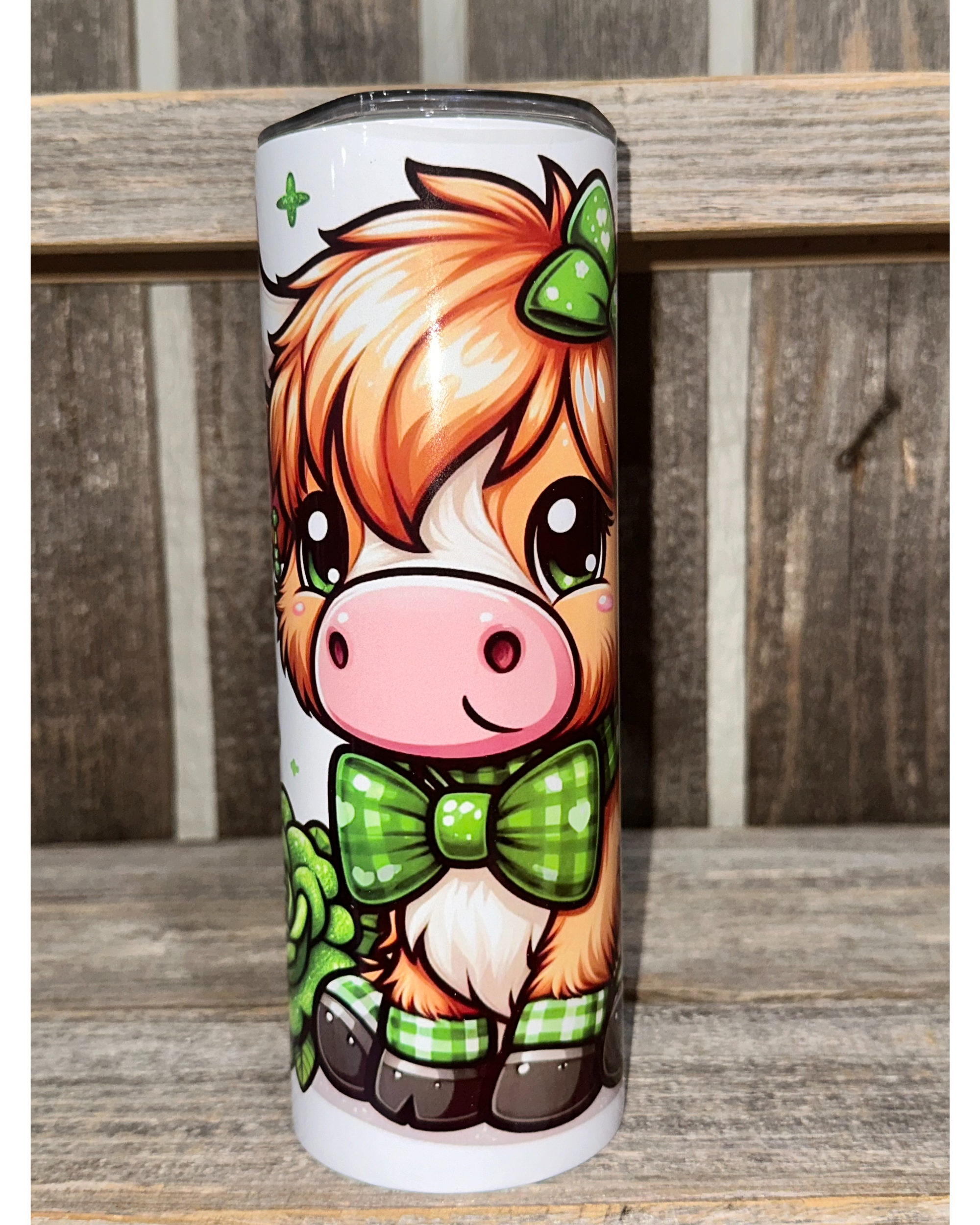 Cute Highland Cow - Green Plaid Shamrocks