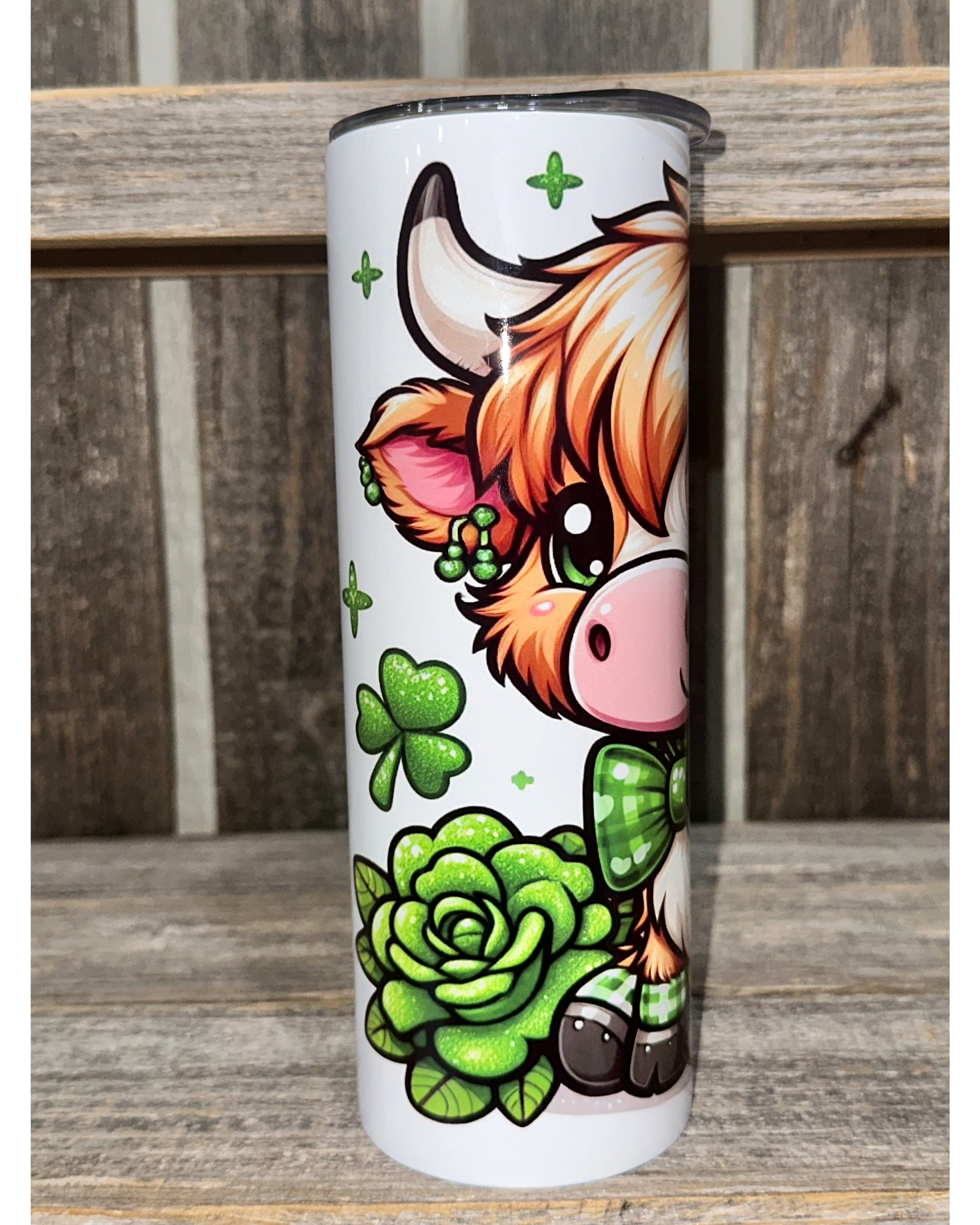 Cute Highland Cow - Green Plaid Shamrocks