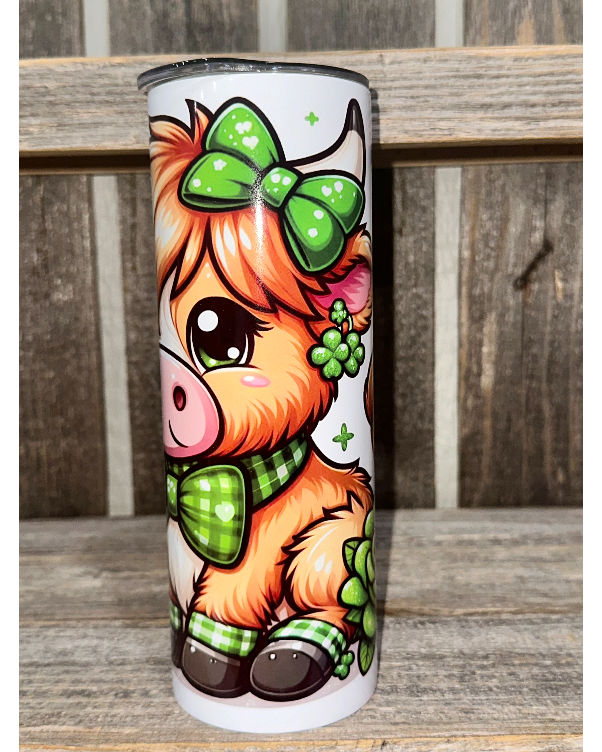 Cute Highland Cow - Green Plaid Shamrocks
