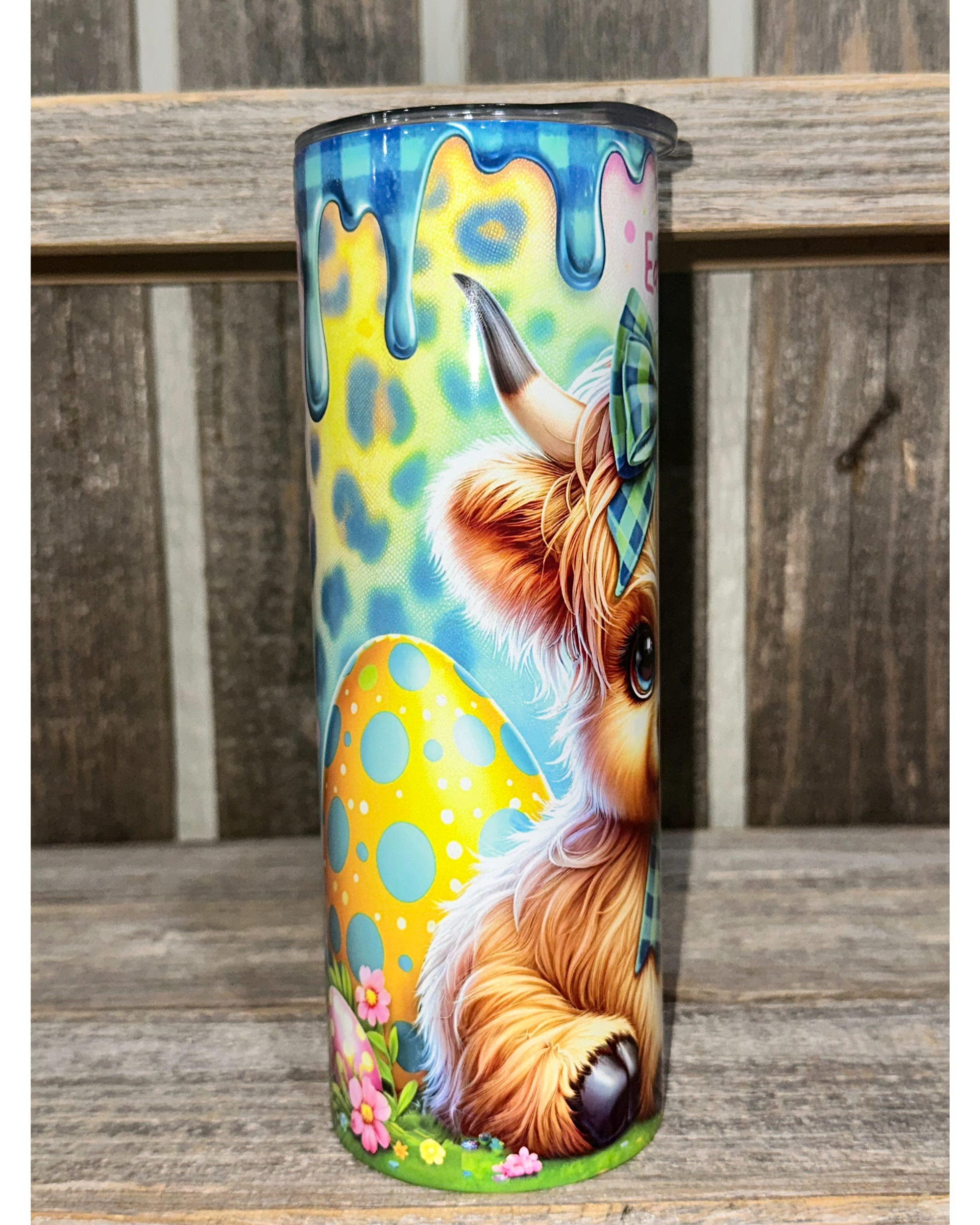 Green Plaid Blue Paint Drip - Baby Highland Cow - Easter
