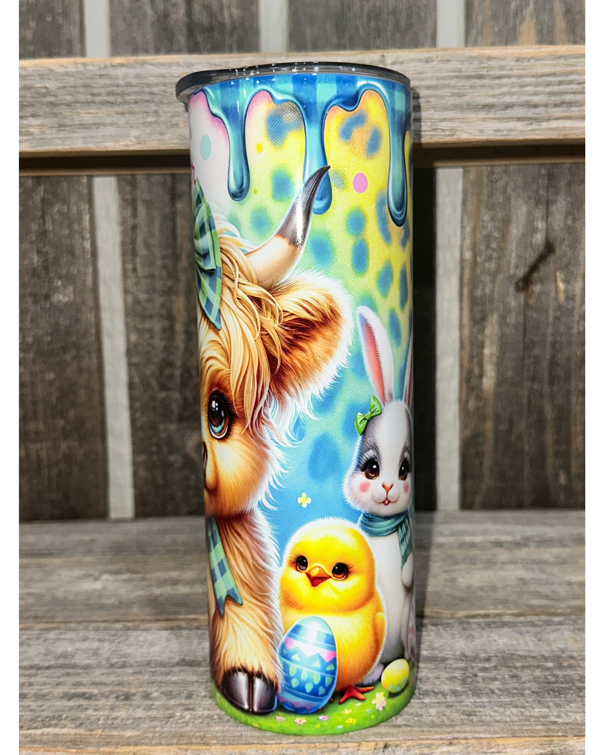 Green Plaid Blue Paint Drip - Baby Highland Cow - Easter