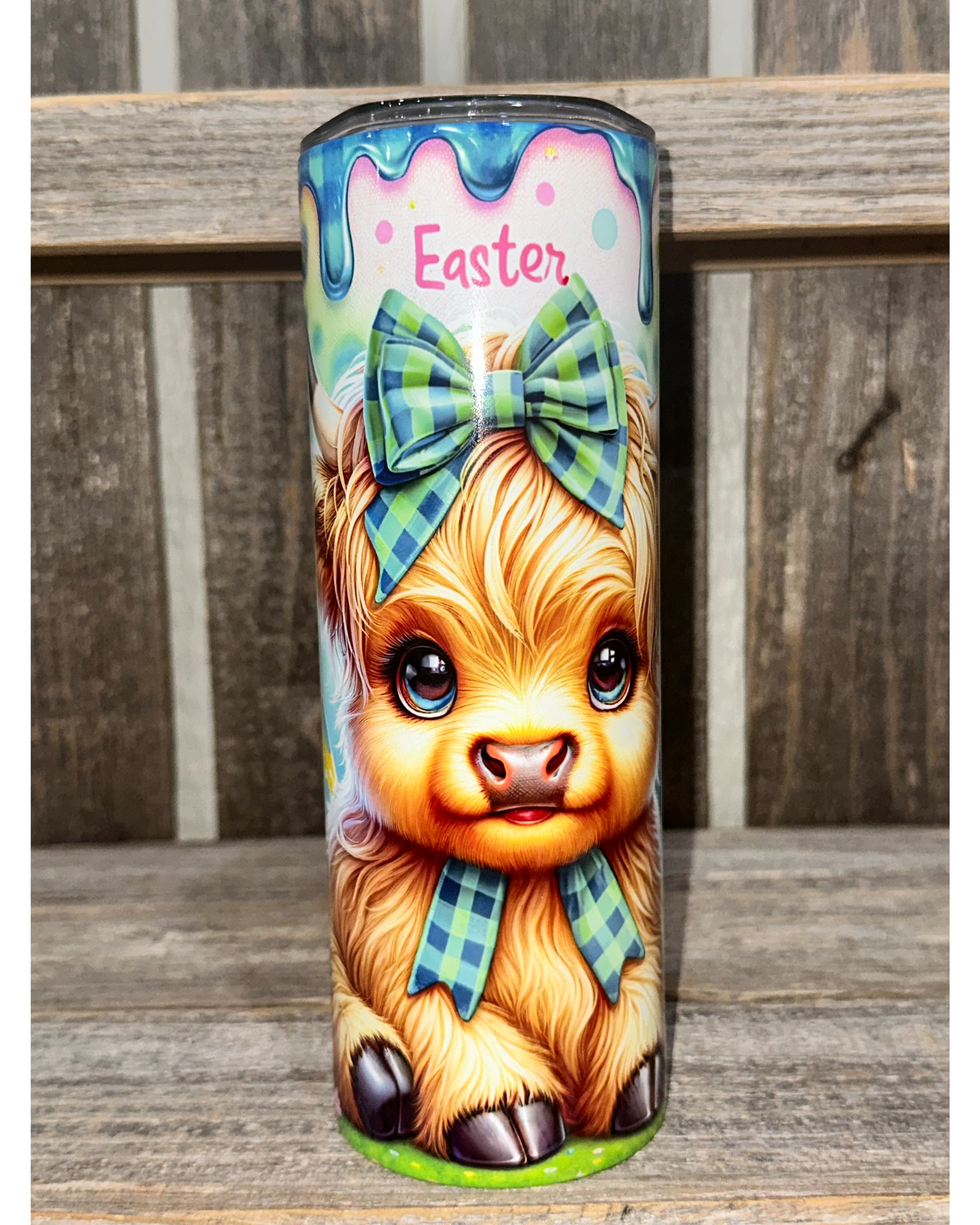 Green Plaid Blue Paint Drip - Baby Highland Cow - Easter