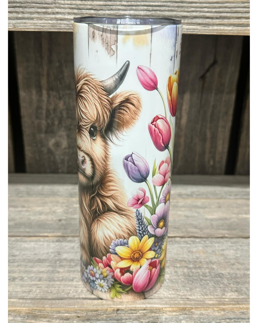Highland Cow and Tulips