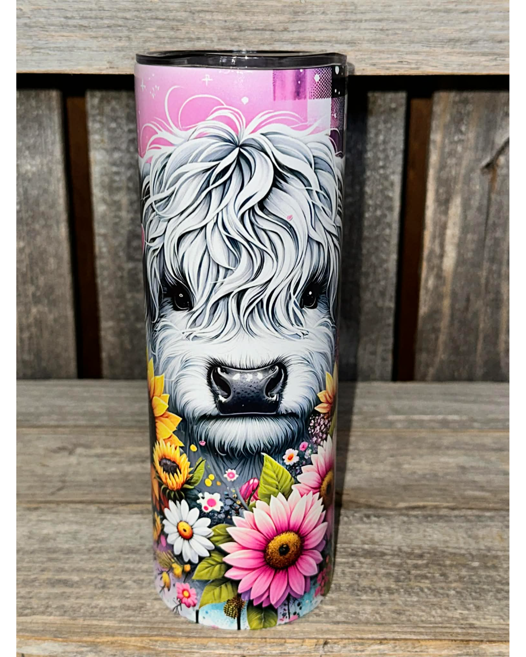 Pink Checkerboard Spring Flowers Highland Cow